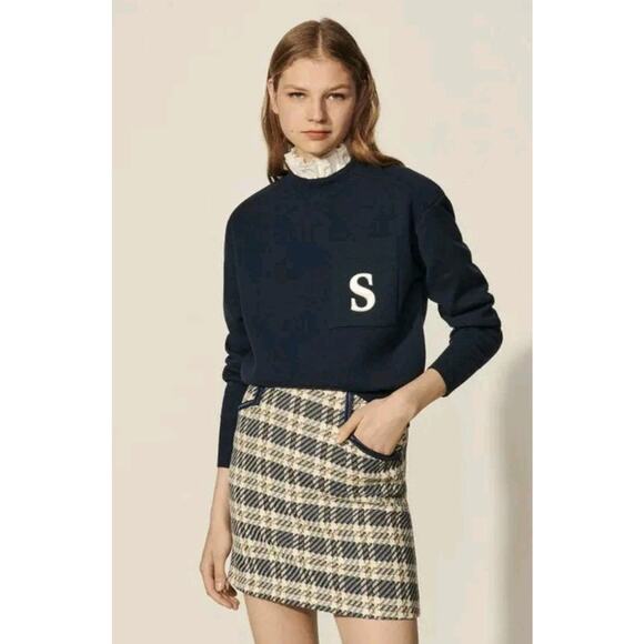 Sandro "S" Monogram Large Knit Sweater Jumper Ruffle Collar Blue - Picture 1 of 13